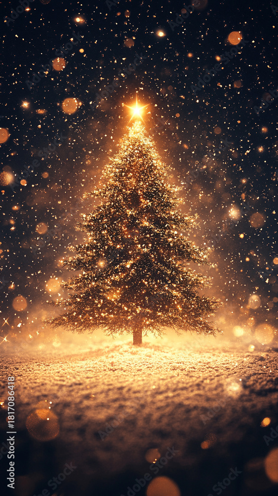 Naklejka premium A glowing Christmas tree rotates softly at the center while snowflakes and sparkling stars fall through the scene, creating a magical holiday atmosphere for Christmas or New Year backgrounds. 