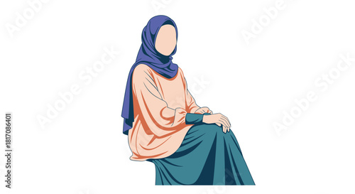 A serene illustration of a woman wearing a traditional hijab and clothing