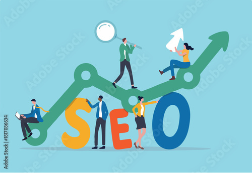 SEO, Search Engine Optimization for website to show in search result page concept, professional people holding magnifying glass, mouse pointer or using laptop sit on analytics graph on the word SEO