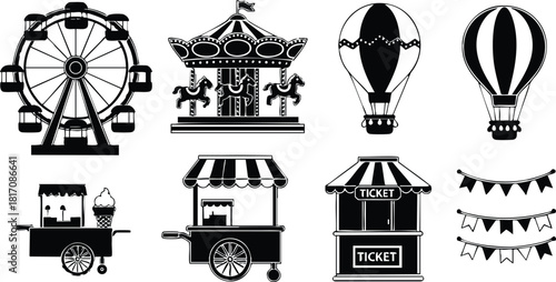 Carnival attractions including ferris wheel, carousel, hot air balloon, and food stalls in a fun and festive setting 