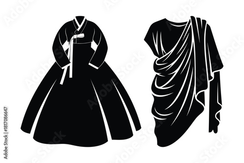 Traditional korean hanbok and ancient roman toga outfits