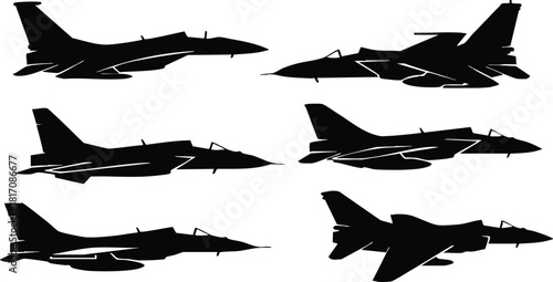 Military fighter jets silhouette collection in various positions showcasing aerodynamics and design elements for aviation enthusiasts 