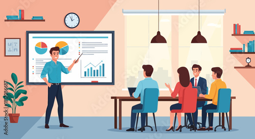 Business Presentation With Charts And Graphs In Conference Room