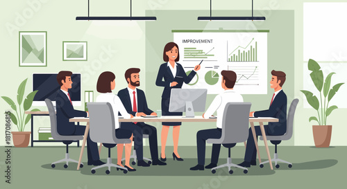 Business Team Analyzing Growth Charts During Meeting Presentation