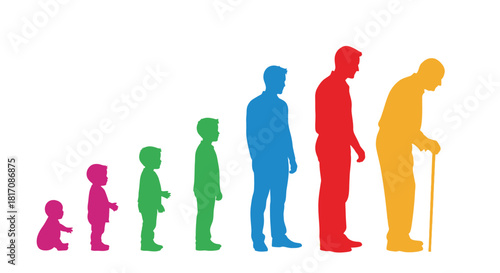 The stages of human life depicted as colorful silhouettes progressing forward