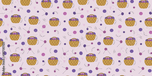 Basket for handicrafts. Seamless pattern. Knitting, balls of yarn, knitting needles, skeins. Handmade, hobby, heart shape. Simple color illustration, repeating background.