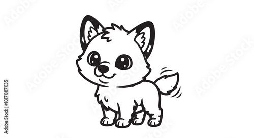 Delightful tiny cartoon puppy with big eyes standing playfully.