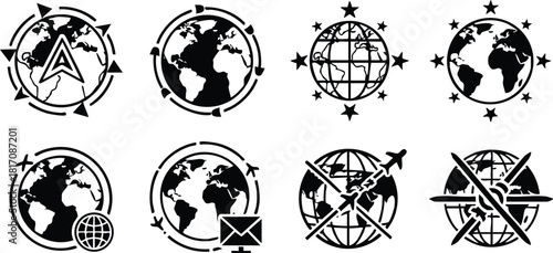 Travel-themed vector icons featuring globe illustrations and navigation symbols for exploration and adventure 