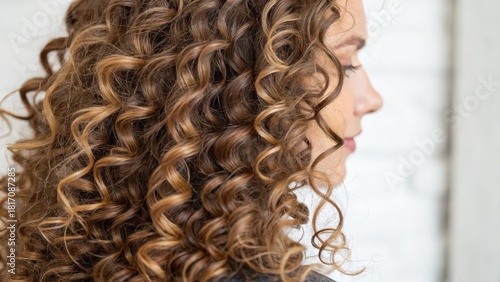 Elegant woman showcasing naturally curly brunette hair with beautiful highlights and soft romantic profile in dreamy light, perfect for beauty campaign
