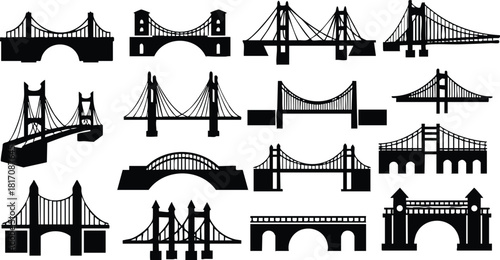 Various bridge designs in black silhouette style for graphic use and creative projects 
