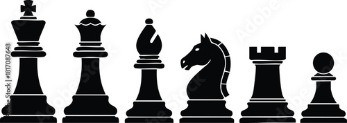 Chess pieces silhouette collection showcasing king, queen, bishop, knight, rook, and pawn in a minimalistic design 