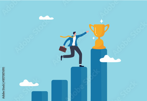 Motivation to drive success, achievement or reward motivate employee to improve and succeed, benefit, prize award concept, motivated businessman running on growing bar graph to catch winner trophy.