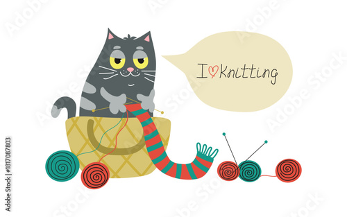 A cat knits a scarf. A craft basket. Knitting, balls of yarn, knitting needles, skeins. Handmade, hobby. Simple flat illustration. Colored background, banner with hand ettering.