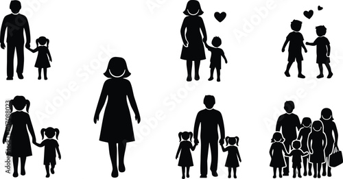 Family silhouettes depicting love and connection between parents and children in various poses for special occasions 