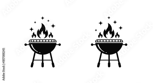 Black and white illustration of two barbecue grills with flames and sparkles
