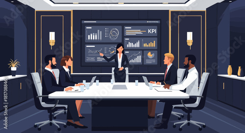 Strategic Meeting Data Presentation In Corporate Conference Room