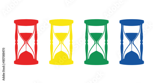 Four colorful hourglasses displaying different levels of sand remaining