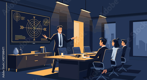 Strategic Corporate Meeting Presentation About Target Achievement In Dark Room