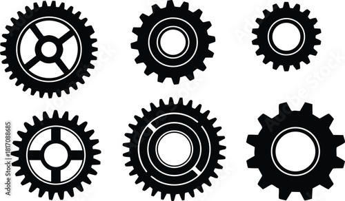 Various black gears design showcasing intricate patterns and shapes for industrial applications and creative projects 
