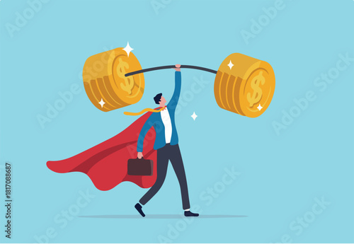 Investment professional or financial literacy, investing expert or wealth manager, effort to earn more money or fund profit concept, confidence businessman superhero lift up heavy money coins weight.