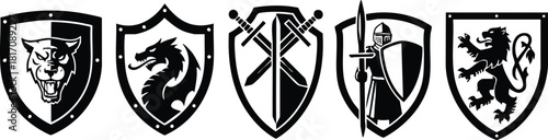 Medieval shields featuring various designs like lion, dragon, swords, and knight symbols in black and white vector illustration 