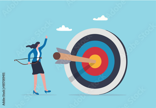 Achieve target, reach goal or success female entrepreneur, aiming to hit bullseye target concept, cheerful businesswoman archery shot arrow to hit big target.