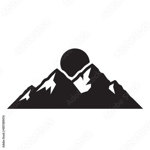 Silhouette of rugged mountains with a rising sun over a calm horizon and distant peaks.