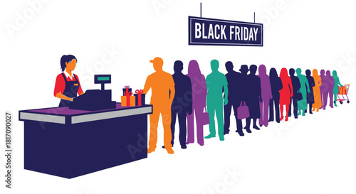 Long line of shoppers waiting at a checkout for black friday deals