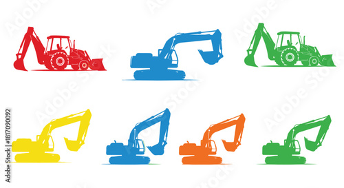 Colorful illustrations of construction machinery including excavators and loaders