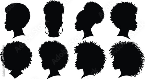 Diverse silhouettes of women with various hairstyles showcasing natural beauty and cultural identity in a creative design 