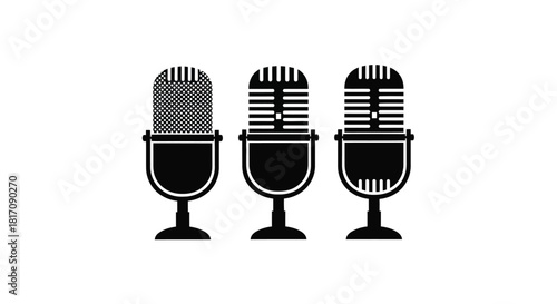 Three vintage style microphones displayed in a simple black and white design