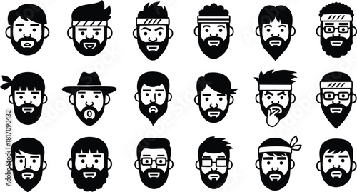 Diverse collection of male faces with various hairstyles and beards showcasing different styles and expressions in a vector illustration 