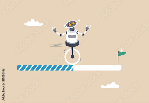AI artificial intelligence implementation progress, adoption or evolution to improve AI innovation, learning or change to optimize success concept, smart AI robot run on progress bar to reach target.