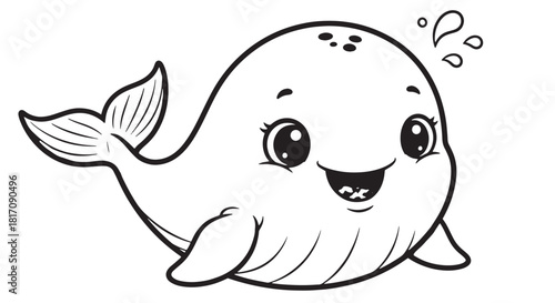Playful, friendly cartoon whale illustration with a smiling face and water splashes.