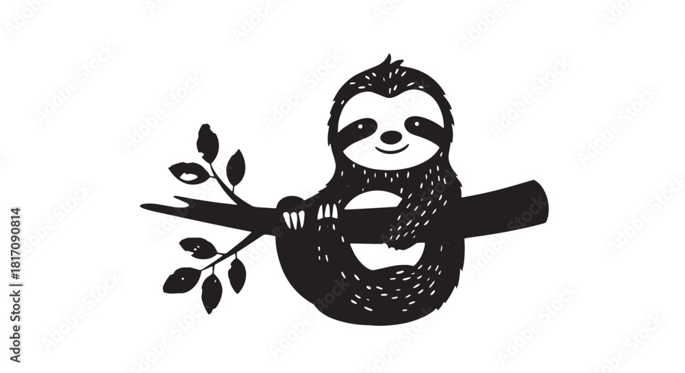 Fototapeta premium Playful sloth hanging from a branch in a simple illustration.