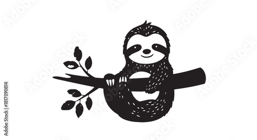 Playful sloth hanging from a branch in a simple illustration.