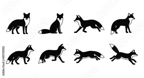 Collection of black and white fox silhouettes in various poses
