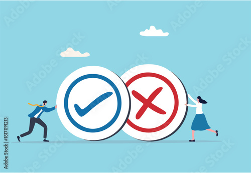 Pros and cons, do and dont or negative vs positive, comparison or advice article, yes or no, good or bad idea concept, business people holding big pros and cons, right and wrong symbols.