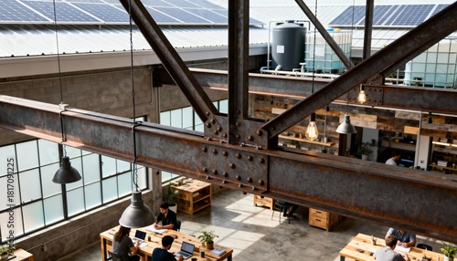 Close view of steel trusses in an old factory converted into coworking spaces demonstrating sustainable adaptive reuse with industrial charm and contemporary finishes.