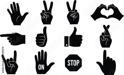 Hand gestures collection including stop, on, and various sign expressions for communication and interaction 