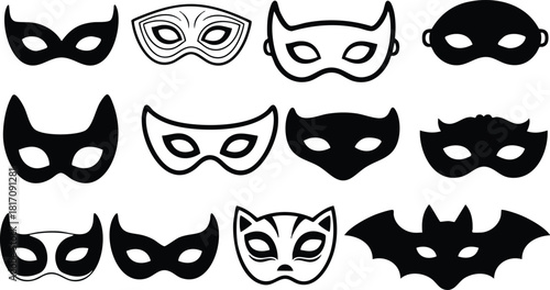 Collection of various black and white masquerade masks for festive occasions and celebrations in vector format 