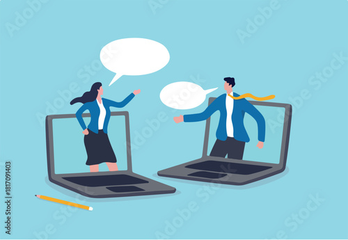 Remote work team meeting, online communication and business discussion, video conference to link between home and office concept, businessman and woman virtually discuss work from laptop computer