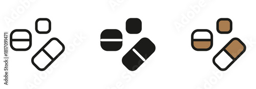 Three sets of pills icons for health or medication needs, easily customizable for your project, health, medicine, pharmaceutical, medical, wellness