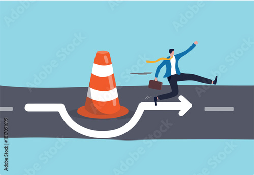Overcome business obstacle, blocker, effort to break through road block, solution to solve business problem concept, smart bravery businessman run the way around and jump pass traffic pylon roadblock.