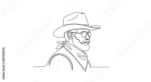Line drawing of a cowboy with glasses and hat in profile view  