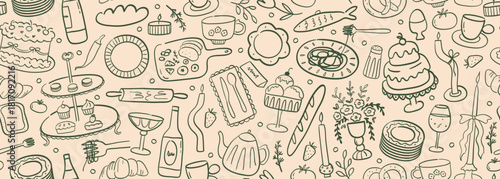 Elegant doodle food and wine seamless vector banner. Italian menu silhouette illustrations on wide background. Contemporary art outline dinner party design