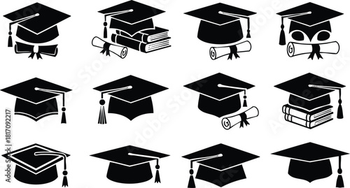 Graduation caps and diplomas collection for educational celebrations, showcasing academic achievements and success 