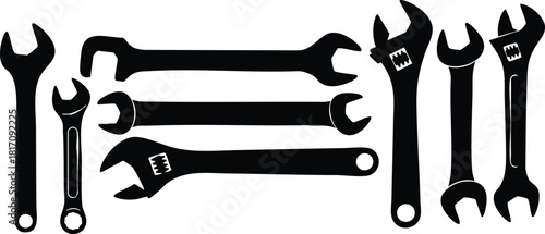 Various wrenches arranged in a neat layout for tool illustration and graphic design purposes 