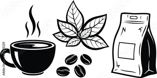 Coffee cup with steam, coffee beans, and fresh coffee leaves in an elegant black and white vector illustration 