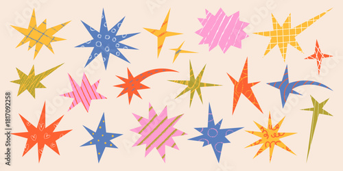 Cut out childish star shapes with textured grid and stripes. Geometric space crayon vector drawings. Abstract cosmos elements for scrapbook collage design